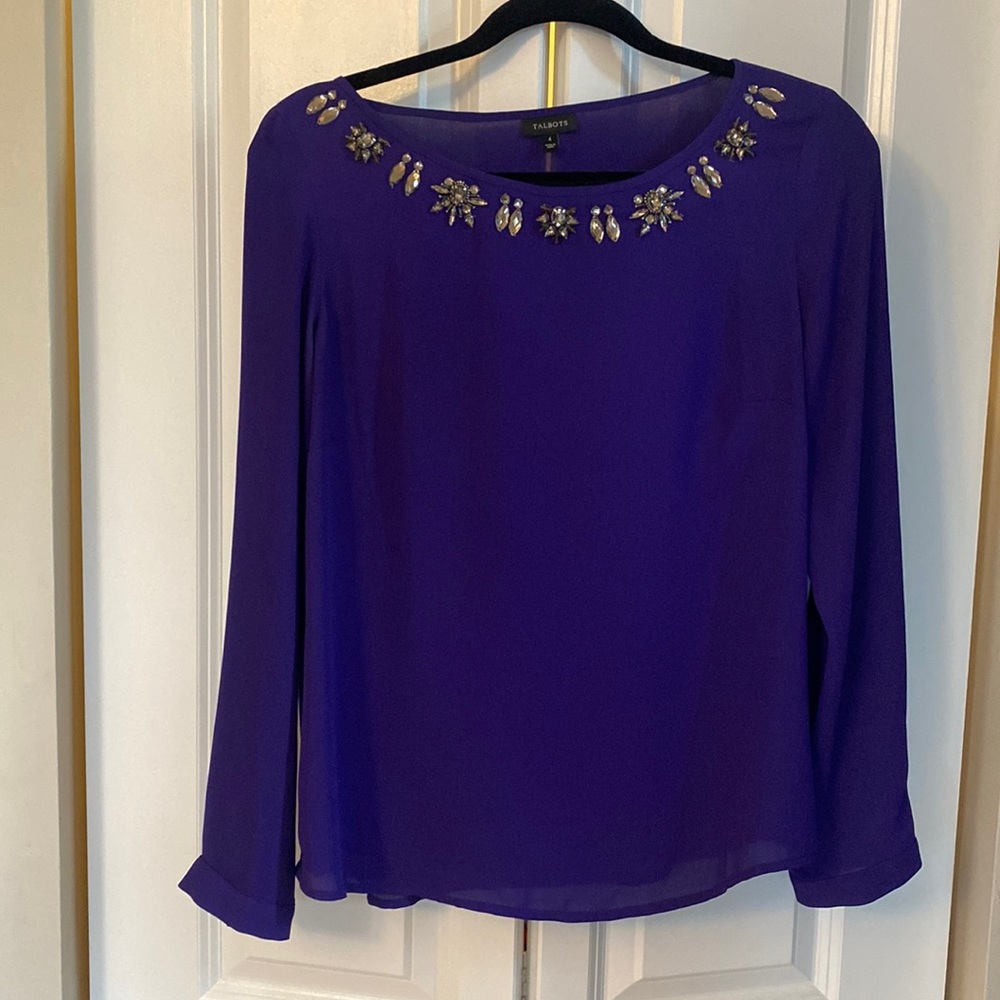 Talbots boatneck indigo jeweled blouse. Size 4